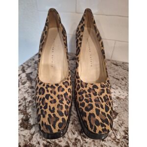 Martinez Valero Leopard Print Platform Heel Satin Leather Pumps Size 10